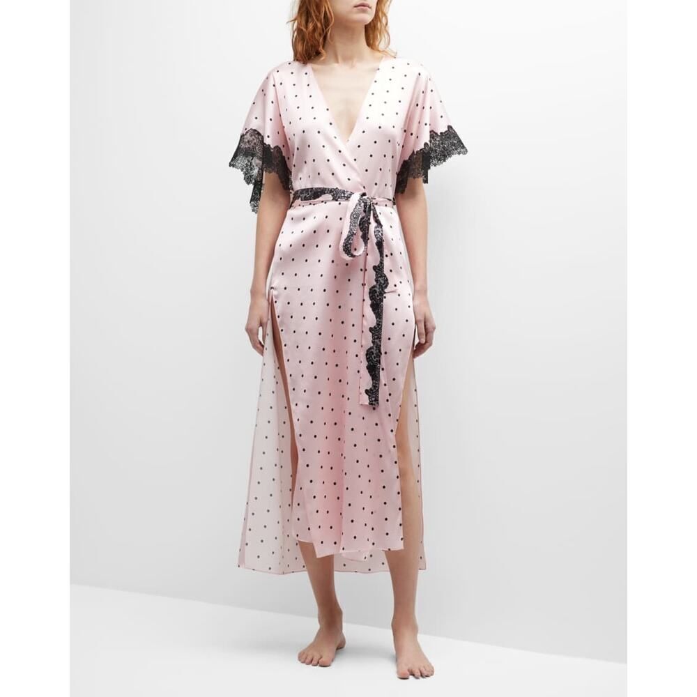 Christine Lingerie Polka-Dot Lace-Trim Silk Robe One size
